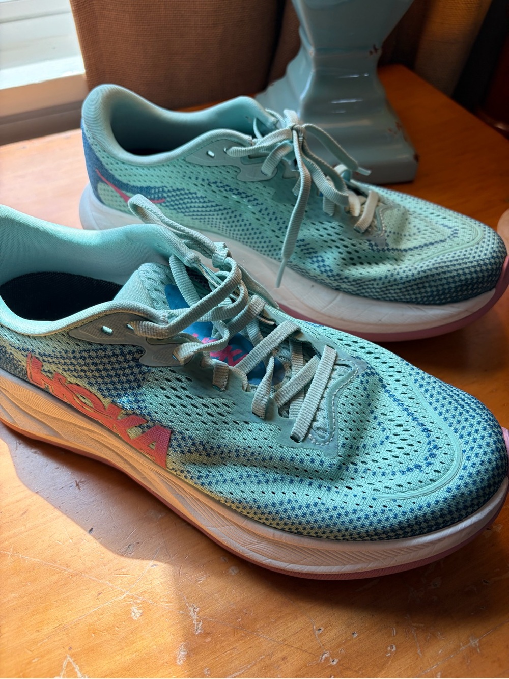 Hoka Rincon 4 Women's Light Mint Green Athletic Running Shoes with Pink Logo